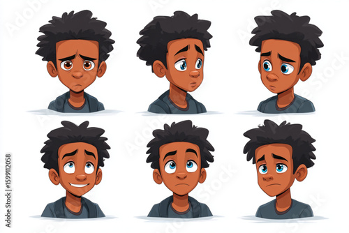 Expressive Cartoon Boy with Six Different Emotions and Hairstyles