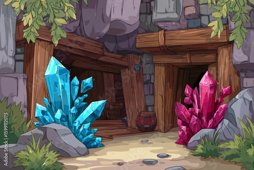 Fantasy Mine Entrance with Colorful Crystals and Rustic Elements