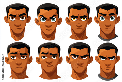 Collection of Eight Expressive Male Character Faces in Cartoon Style