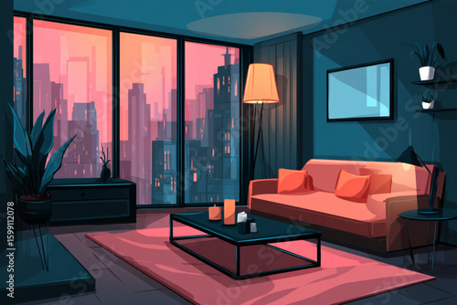 Stylish Living Room with Cityscape View at Dusk
