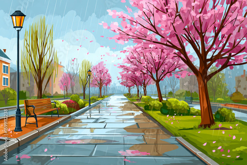 Springtime Park Pathway with Cherry Blossoms in the Rain
