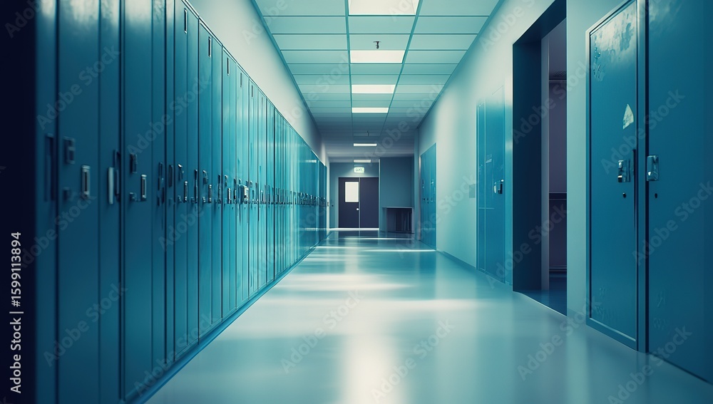 Obraz premium An empty high school hallway with blue lockers and white floors, captured in a photorealistic style. The photograph should emphasize the texture of each locker door, showcasing their different
