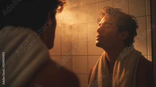 Young man enjoying a soothing aftershave balm treatment in a steamy bathroom during a self-care routine