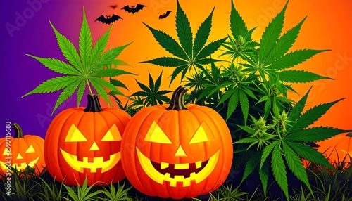 Halloween pumpkins amidst marijuana plants at sunset