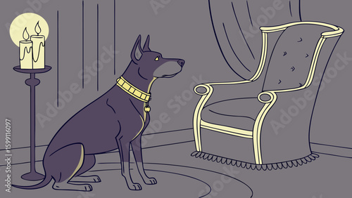 A regal dog with a collar sits beside a chair with candles providing light in a stylized room