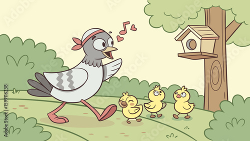 A singing pigeon leads three chicks near a birdhouse in a cartoon style outdoor setting view