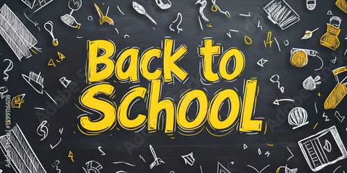 Back to School text effect vector file with easy Bromoil icon and hand-drawn elements on a chalkboard background, yellow-colored text for any size or shape of words, simple black outline font