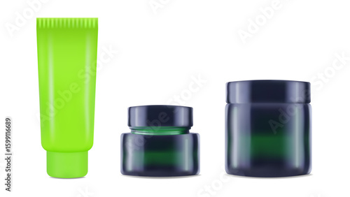 Realistic jar and tube for cream shampoo. Color green. For advertising presentation and website. Layout poster packaging concept beauty blog online store. Vector illustration.