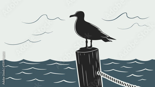 Silhouette of a seagull perched on a wooden post near the ocean with a rope tied to the post