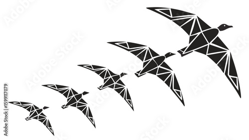 Stylized flock of birds flying in formation with geometric triangular patterns on a white background