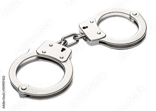 A close up shot of metal handcuffs connected by a chain on a black isolated background studio shot