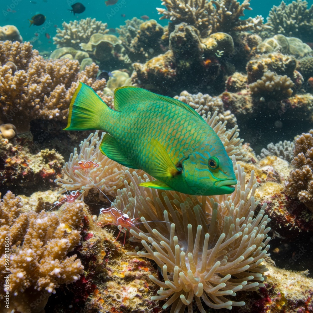 Obraz premium Green Fish on Vibrant Coral Reef Undersea