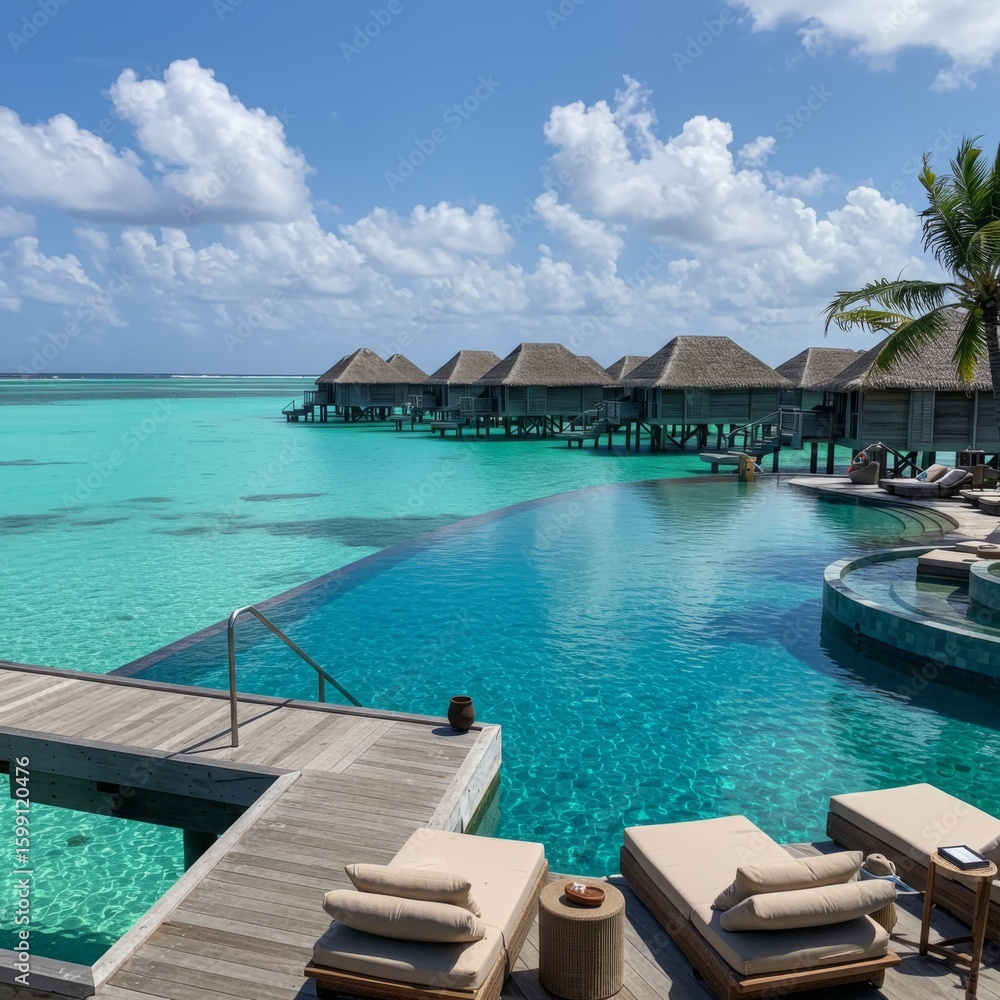 Obraz premium Luxury Overwater Bungalows and Infinity Pool at Tropical Resort