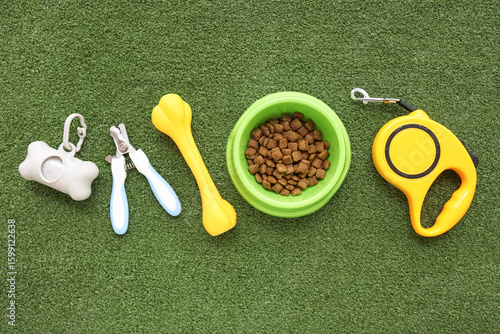 Bowl with dry food and diff...