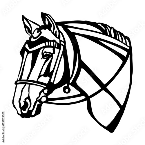 Horse Head in bridle vector line art illustration and template