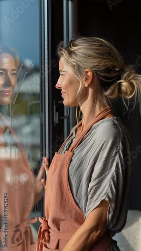A woman washes windows