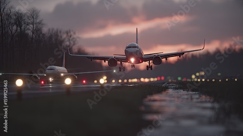 Airplane landing at twilight, two planes