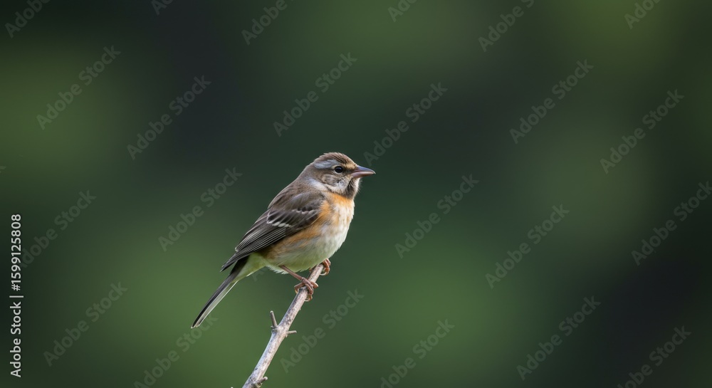 Fototapeta premium Small Brown Bird Perched on a Branch Against a Green Background