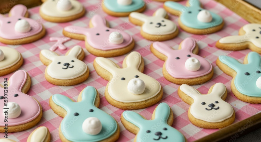 Fototapeta premium Pastel Bunny Cookies on Pink Gingham