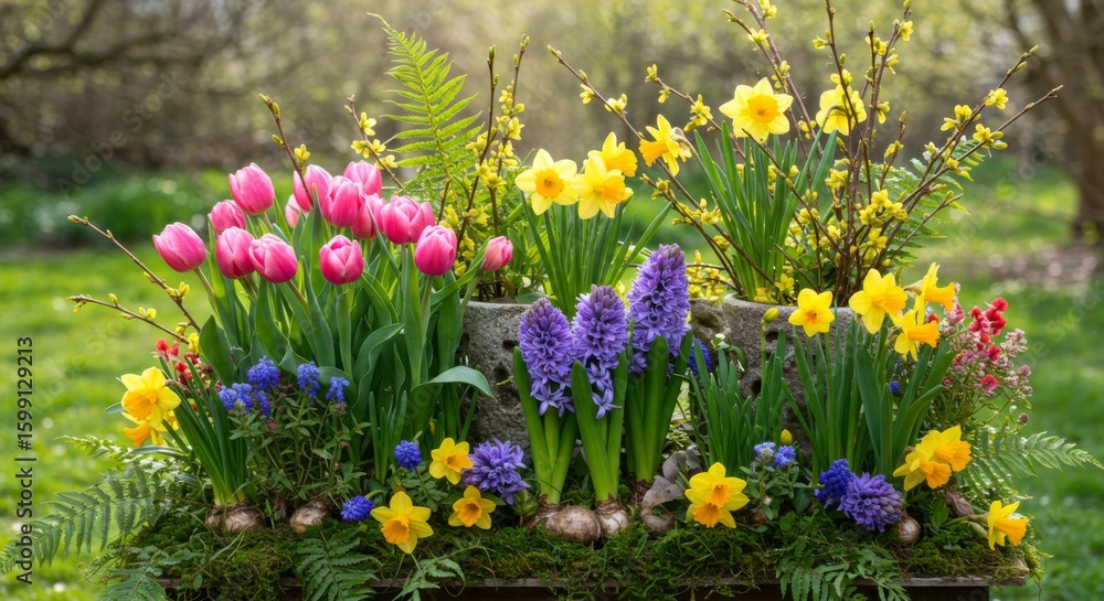 Fototapeta premium Vibrant Spring Flower Planter with Tulips, Daffodils and Hyacinths