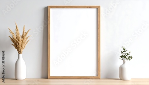 Blank wooden frame with decorative pampas grass and small plant