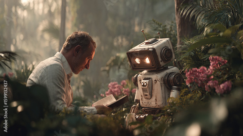Man reading to a robot in a garden filled with pink flowers.