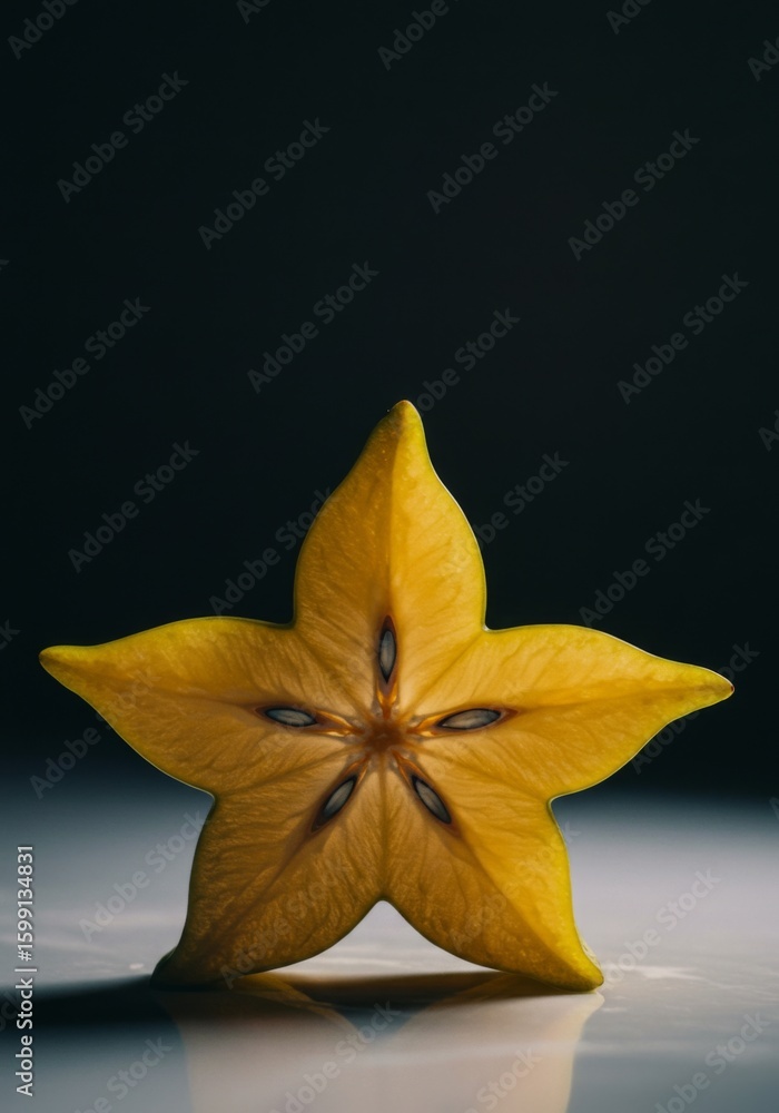 Fototapeta premium Bright Yellow Starfruit Slice on Dark Background