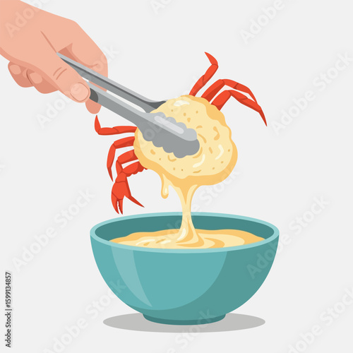 Red Crab Being Dipped in Creamy Yellow Sauce with Metal Tongs