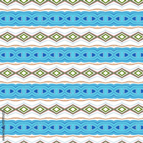 Seamless tribal-inspired geometric pattern in blue, green, and white tones. Ideal for textiles, backgrounds, or abstract art. Features bold, symmetrical design elements.