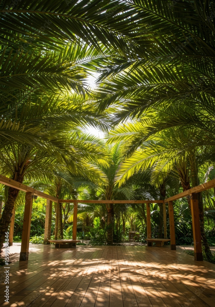 Fototapeta premium Sunlit Tropical Garden Pathway with Lush Palm Trees