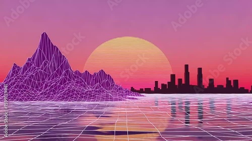 Retrofuturistic landscape with mountains city and grid