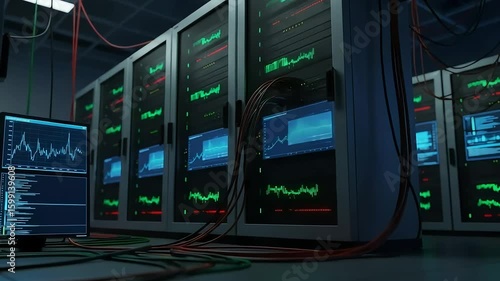 Server room with data monitors and cables
