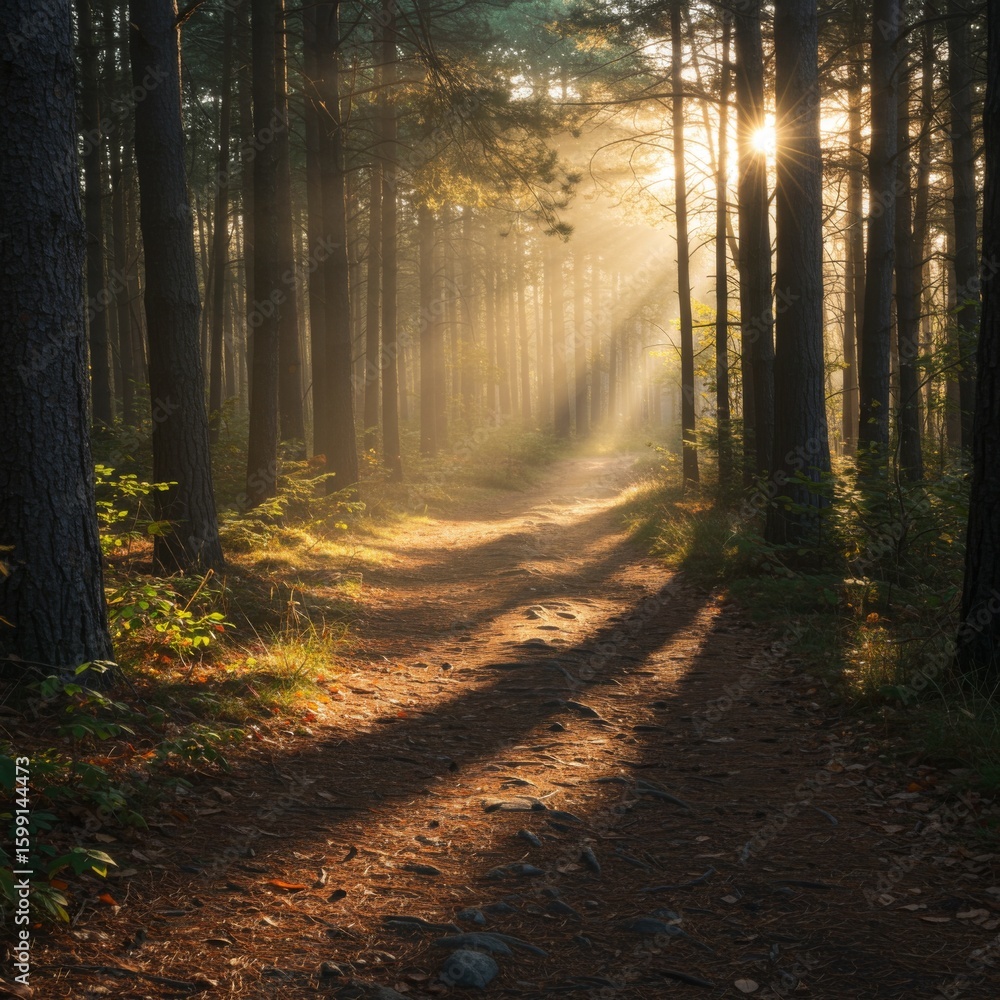 Naklejka premium Sunlit Forest Path at Dawn