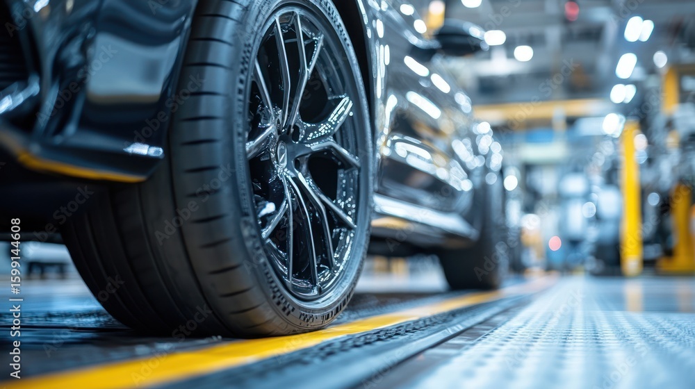 Fototapeta premium Factory tire close-up, assembly line background, automotive production