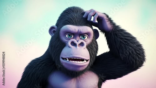 Wallpaper Mural Animated ape, dark fur, pondering expression, scratching its head, smooth skin face, against a blurred pastel gradient background Torontodigital.ca