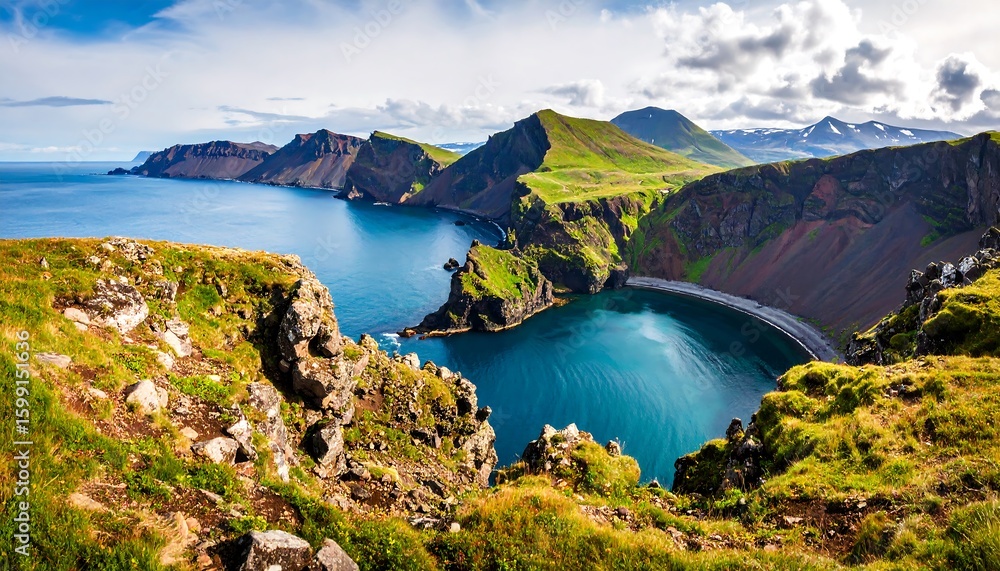Obraz premium Panoramic view of a fjord and coastal mountains