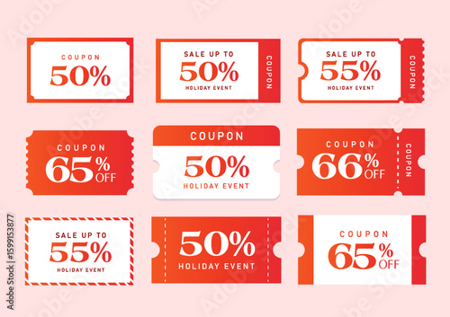 Set of coupon templates in red and white color with coupon code, percent sale off, isolated on white background. Gift voucher icon set in flat style vector. Vector illustration