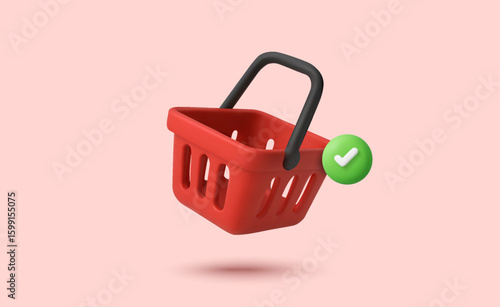 3d red shopping basket or shopping cart icon with green check box, isolated on white background. Shopping basket icon in 3d vector. Vector illustration
