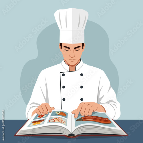 Focused Chef Reading Cookbook in White Uniform with Culinary Images