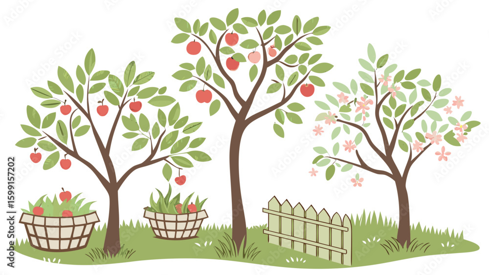 Obraz premium Idyllic orchard scene with apple trees and baskets