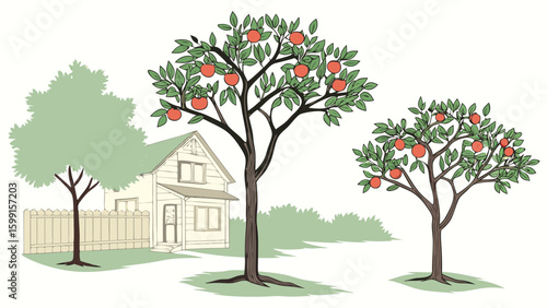 Illustration of a house with fruit trees in the yard