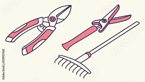 Gardening tools including pruners loppers and rake
