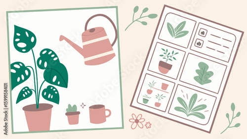 Cozy home gardening illustration with plants and watering can