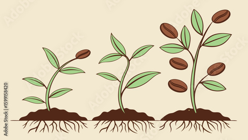 Coffee plant growth stages from seed to mature plant