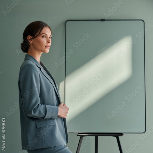 A stylish businesswoman stands beside a blank presentation board in a modern office setting