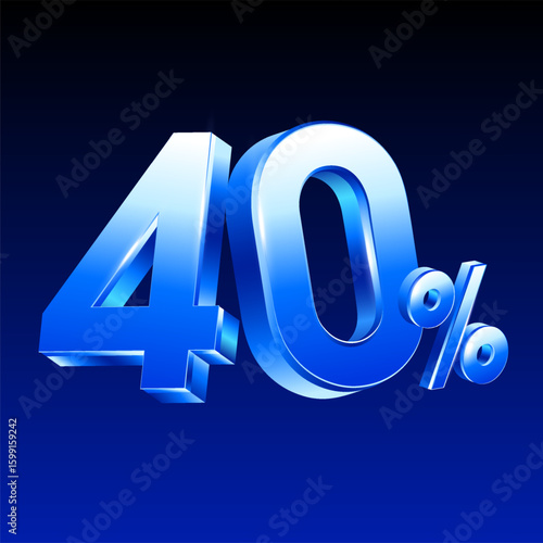 3d 40% or 40 percent rendered in blue metal style, vector illustration. 40 percent icon in 3d vector. Vector illustration