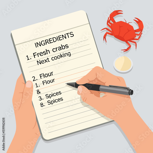 Cooking Ingredients List Fresh Red Crab Recipe in Notebook