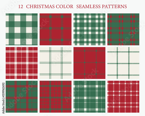 クリスマスカラーのチェック柄シームレスパターンセット