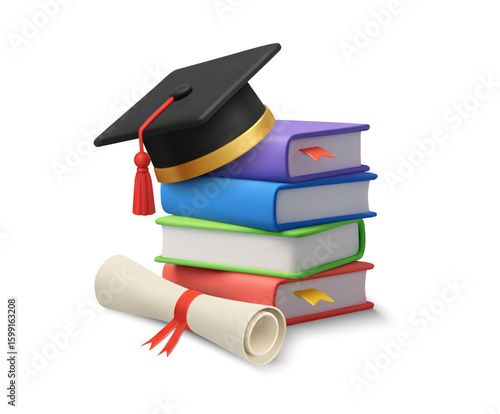 3d stack of books with graduation cap on top, diploma certificate, isolated on white background. . Vector illustration