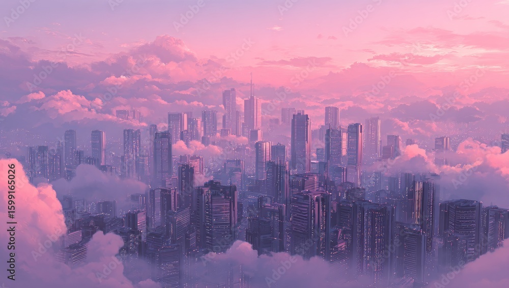 Fototapeta premium City nestled in pink clouds